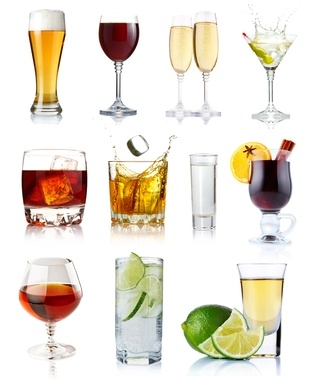 Set of alcohol drinks in glasses isolated on white background